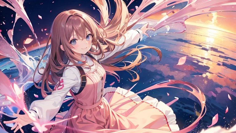 Anime Style,highest quality, masterpiece,Pink and brown hair,  iris, smile,Simple Background,men and women, fluid movement,Long skirt