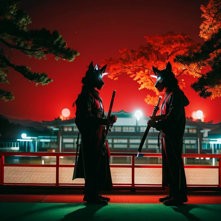 Two Night Wolves,Red Drops,Dark green drops,Japanese sword,dojo