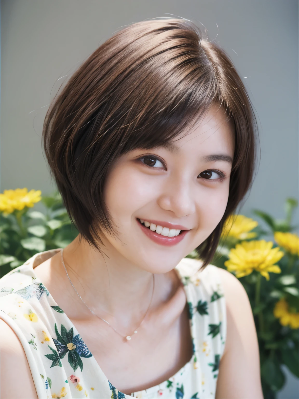 215 Short Hair, 20-year-old woman, A kind smile, Floral