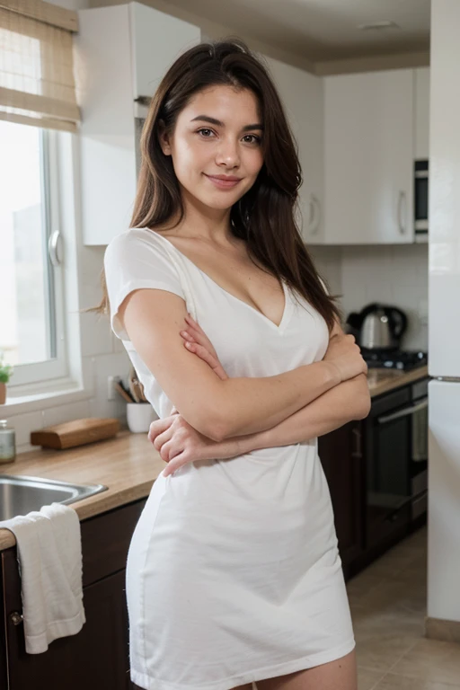 chica,(pelo negro semilargo)(cabello hermoso), Actriz, sonrisa, piel brillante, Mejor calidad, obra maestra, (Fotorrealista:1.4), asientos en la cocina, Europe, Francia, Paris, vestido vaquera (Pantalla realista), mangas cortas blancas (cotton fabric), (no logo), dedos delgados