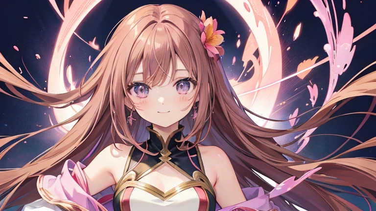 Vast landscape photography , (A view from below, with the sky above and the wide fields below), Woman standing in a flower garden and looking up,Beautiful brown hair, (Clear, piercing brown eyes), Slightly chubby,Small breasts, The double tooth grows larger and starts to shine.,(full moon:1.2), ( shooting star:0.9), (nebula:1.3), Distant Mountain, Treebreak Production Art, (Warm light source:1.2), (fire Fly:1.2), lamp, Lots of purple and orange, Intricate details, Volumetric lighting, Realism Break (masterpiece:1.2), (highest quality), 4K, Super detailed, (Dynamic configuration:1.4), Very detailed, Colorful details,( Rainbow-colored:1.2), (Shining Lights, Atmospheric lighting), dream-like, Magic, (alone:1.2)