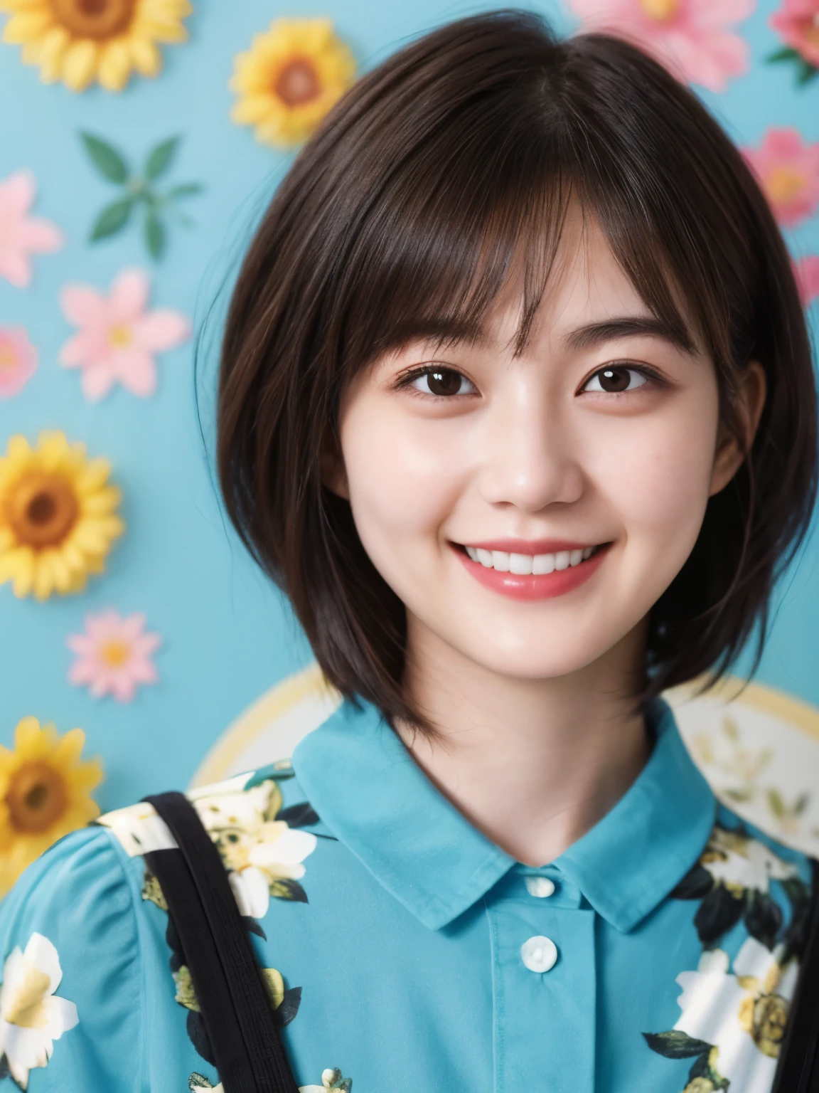 215 Short Hair, 20-year-old woman, A kind smile, Floral