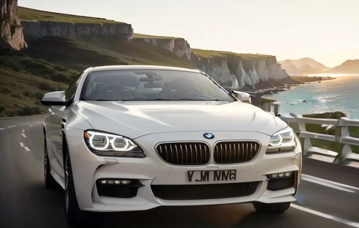 (((White BMW car speeding on the coastal road. On the left are cliffs and blue water.Clear mountains and blue sky behind))). BMW m6 coupe coupe driving on a mountain road, simple go, BMW, Glossy white, Automotive commercial photography, Summer evening, Car Photography, symmetry!, 555400831, Movie Stills, video, Widescreen screenshot, Vehicle Photography, front Photo, Synthetic, forward lighting, movie front shot, simple, Wallpaper - 1 0 2 4