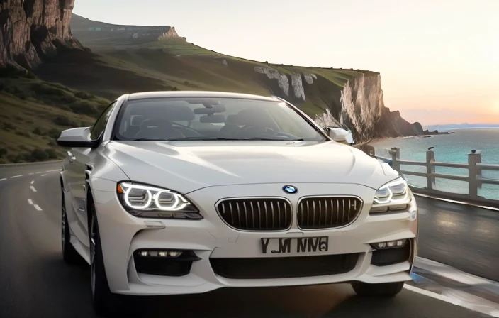 (((White BMW car speeding on the coastal road. On the left are cliffs and blue water.Clear mountains and blue sky behind))). BMW m6 coupe coupe driving on a mountain road, simple go, BMW, Glossy white, Automotive commercial photography, Summer evening, Car Photography, symmetry!, 555400831, Movie Stills, video, Widescreen screenshot, Vehicle Photography, front Photo, Synthetic, forward lighting, movie front shot, simple, Wallpaper - 1 0 2 4