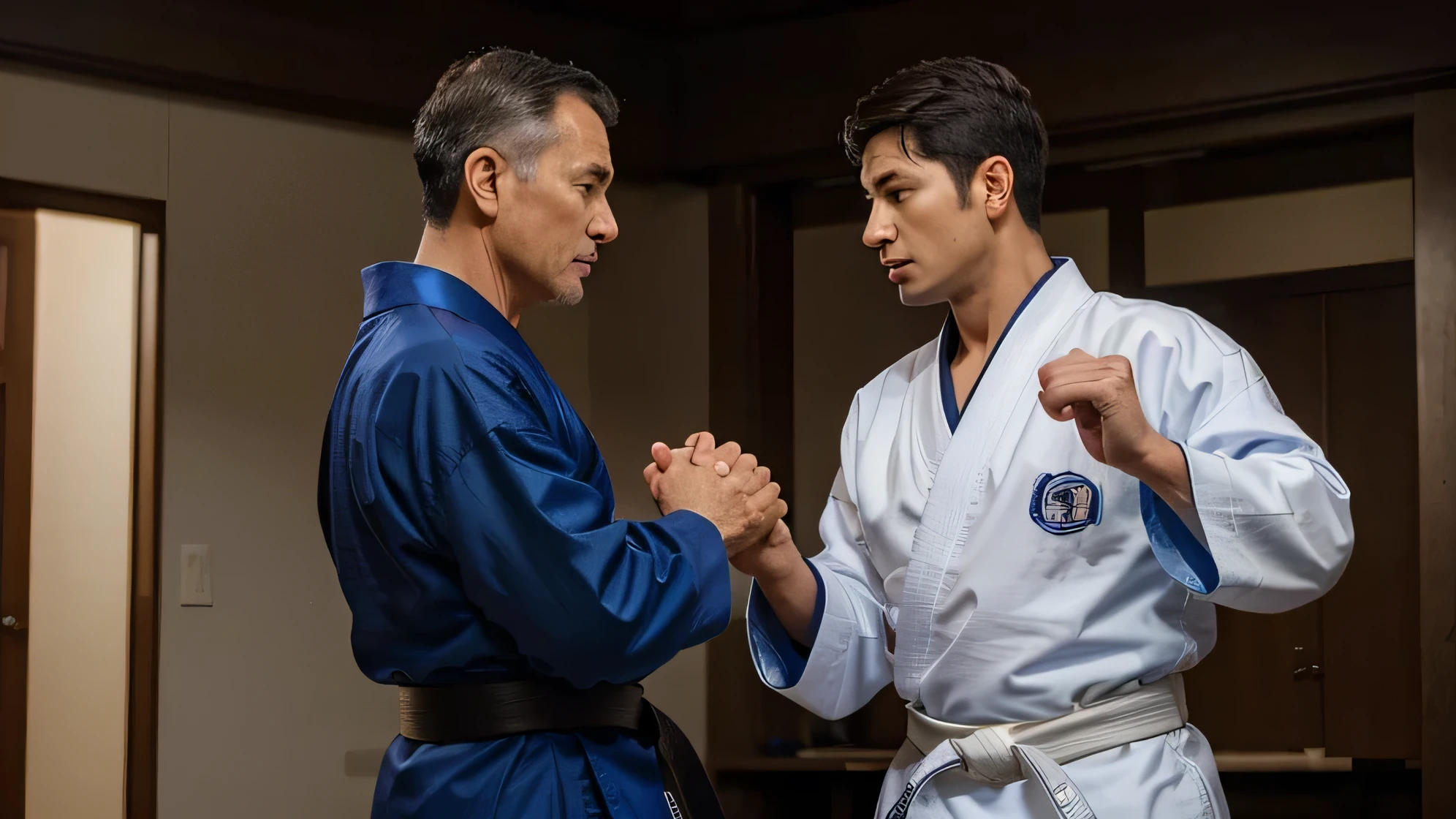 A man studying karate, wearing a blue kimono with a white belt at the waist, similar to karate gear. This man is facing his teacher, an elderly man, with oriental features, wearing a black kimono and a black belt around his waist, similar to a karate suit.