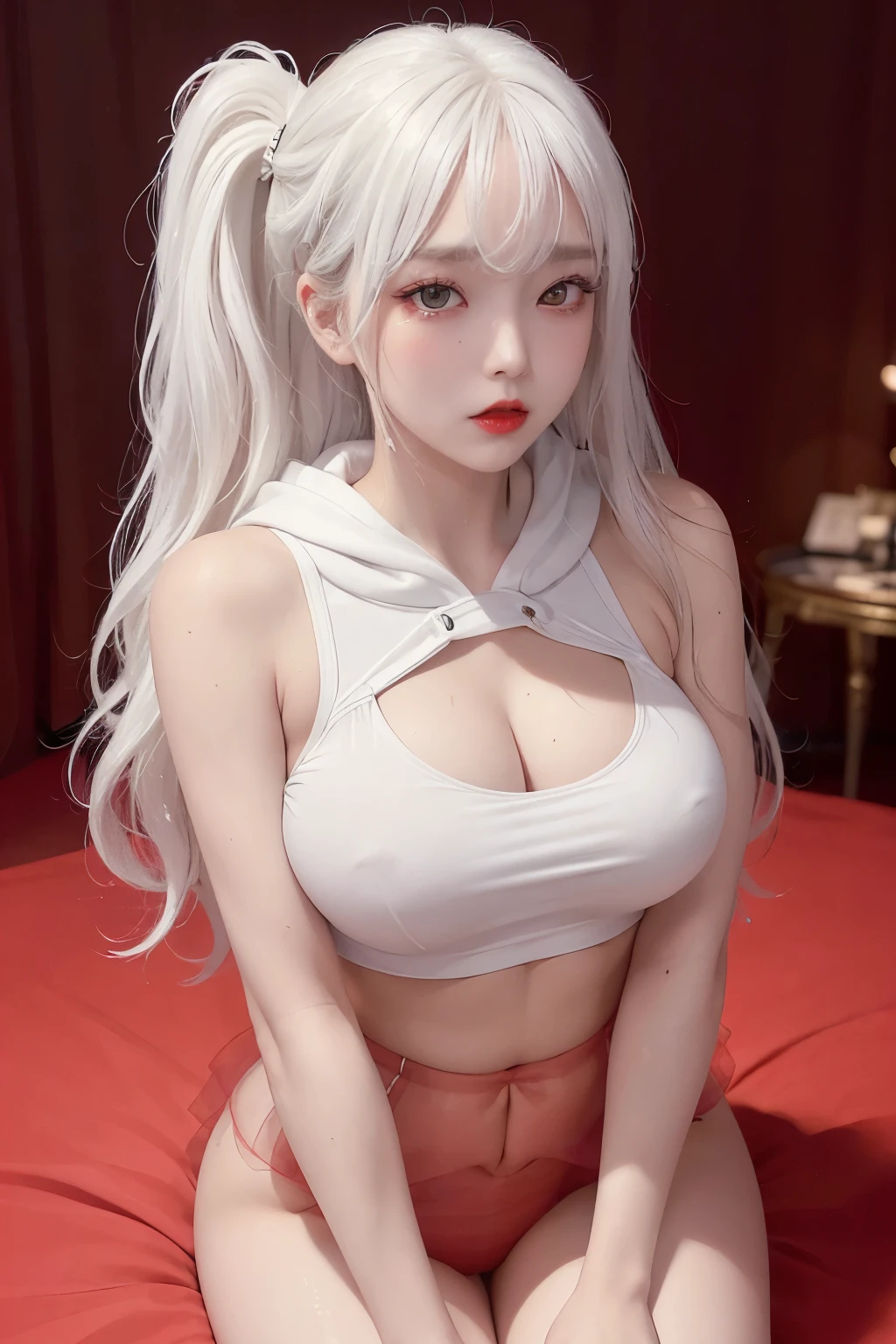 (masterpiece, realistic, high resolution), ((1 girl): 1.2), Korean, ((white wavy hair): 1.3), (heterochromia: 1.1, thick eyebrows,), (white hoodie without front close), ((medium breasts): 1.2, small waist, thigh), catwalk walk, masterpiece: 1.2, best quality), realism, (real pictures, rich detail details, depth of field), (1 girl, solo), makeup, high detail, perfect face shape, (: 1.4), (skin dents), thick thighs, wide hips, thin waist, high, coral, red lips, red eyes, ponytail (girls, shallow tulle, tulle transparent), (sweat: 1.2) , (wet), sexy, blush, (shy expression), crop top, suspenders, belly pockets, flowers on clothes, wearing super tight boxers,