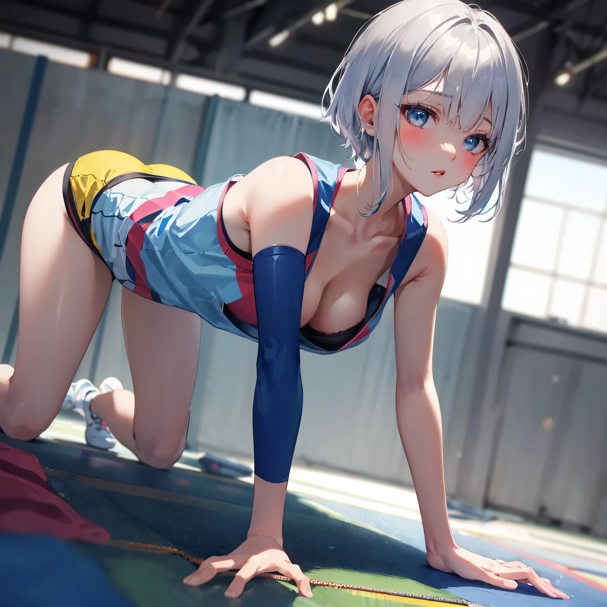 (masterpiece, best quality), 1girl, close-up face, (from front:1.2), (on all fours on the floor:1.2), (looking down:1.2), break girl, casual,Gym suit、Wearing a jersey、school gym、 (bra:1.2), breast gap, medium breasts, hanging breasts, downblouse,Nipples are visible、Not wearing a bra、Leaning forward、Silver hair, very short hair, slanted eyes, medium breasts（C Cup)-Pale blue eyes、、８K, highest quality, masterpiece, Ultra-detailed、full lips、、、Blushing、lipstick、Perfect hands、Detailed hand、full lips、Pale blue eyes、、perfect hands、detailed hands,、gymnastics matの上、gymnastics mat、Gym suit,Wearing a jersey、Wearing spats