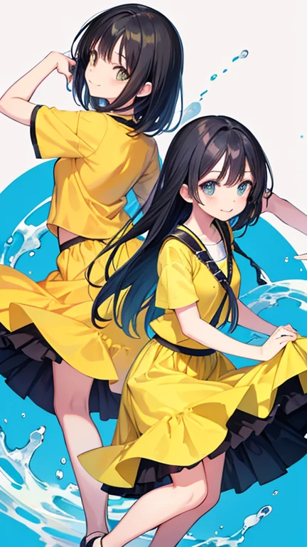 Anime Style,highest quality, masterpiece,Yellow and black hair, iris, smile,Simple Background,Two Girls, fluid movement,Long skirt