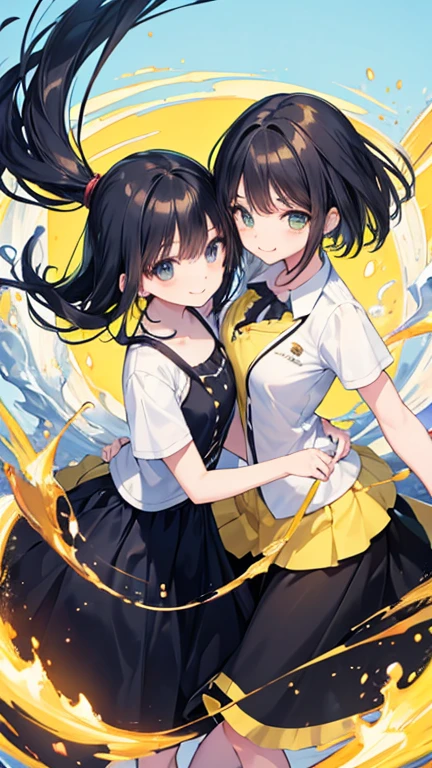 Anime Style,highest quality, masterpiece,Yellow and black hair, iris, smile,Simple Background,Two Girls, fluid movement,Long skirt