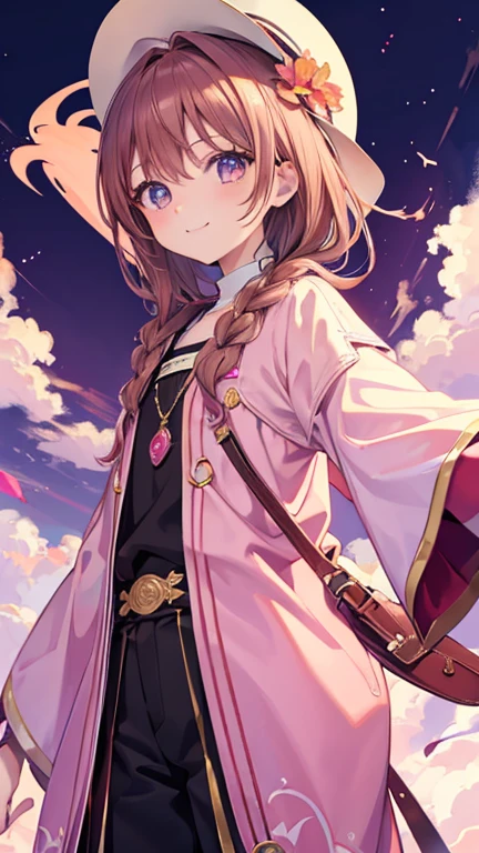 Anime Style,highest quality, masterpiece,Pink and brown hair, iris, smile,Simple Background,male, fluid movement,Fantasy