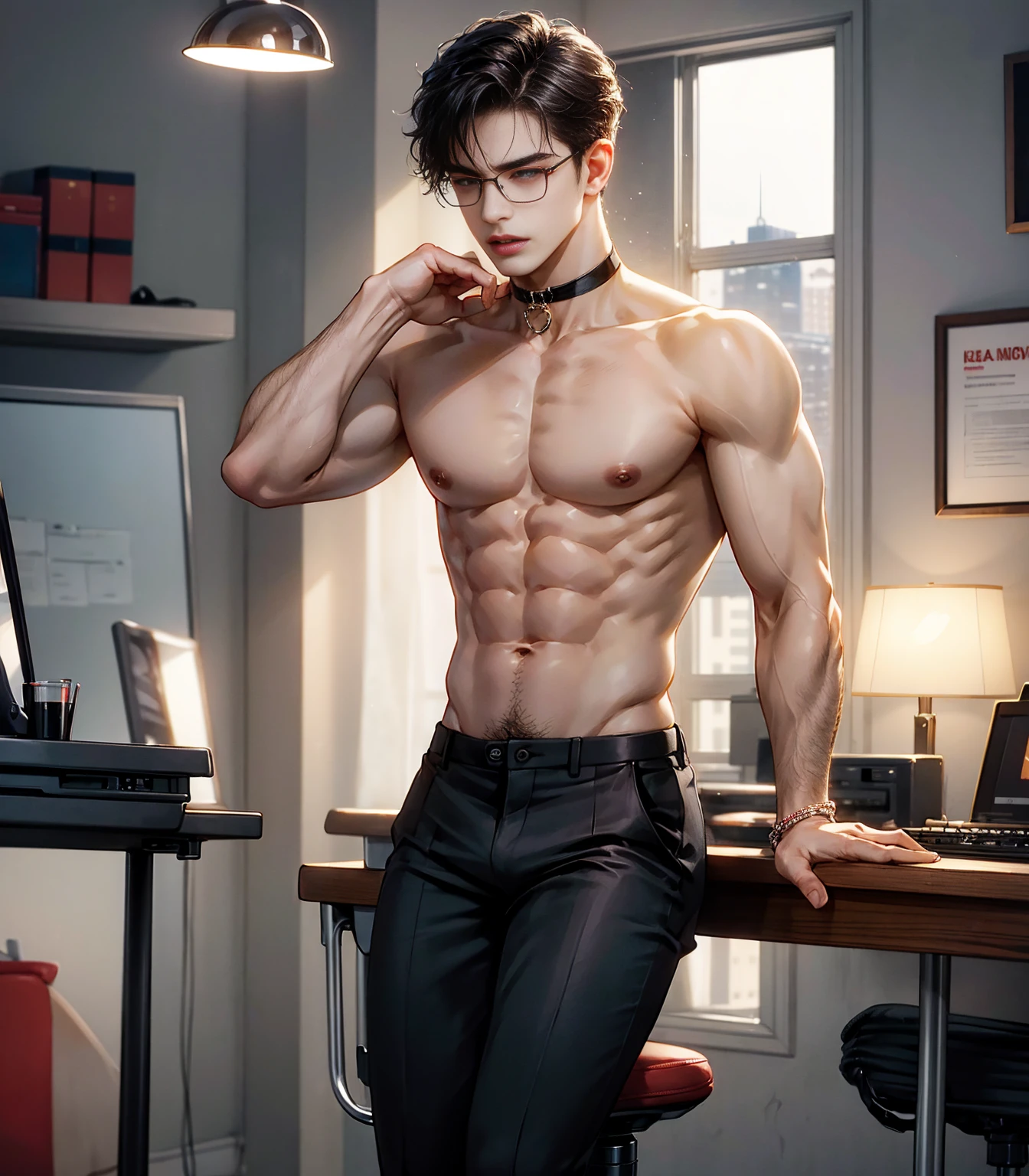 HD quality, high definition, male 18 years old handsome, muscular and slim, red lips, leaning against office chair, naked with exposed soft penis crotch, side view, model with bracelets, earrings and black choker Necklace, he wears open office formal polo, with eyeglasses, fully nude and naked body, eyebrowse angry, wearing shoes, sexy and seductive, pleasure sex,