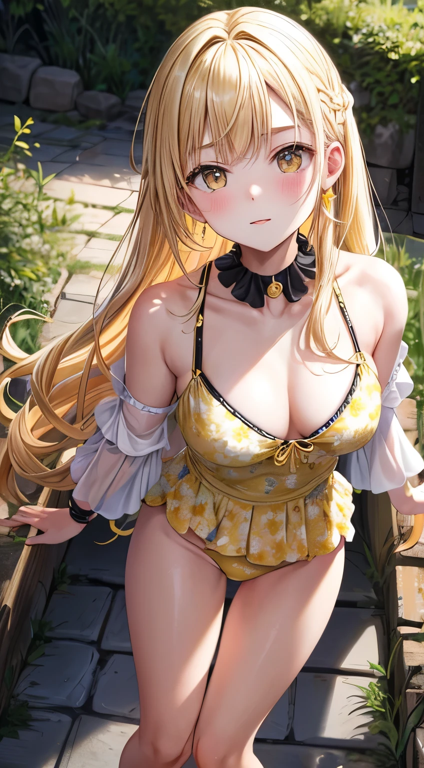 masterpiece, highest quality, One Girl, Long Hair,Yellow floral swimsuit,Provocative,blush, Bend your knees,Stomp your feet,Flexion and extension,black choker,blonde, , choker, Cowboy Shot,  Eyebrows visible through hair, blonde, 