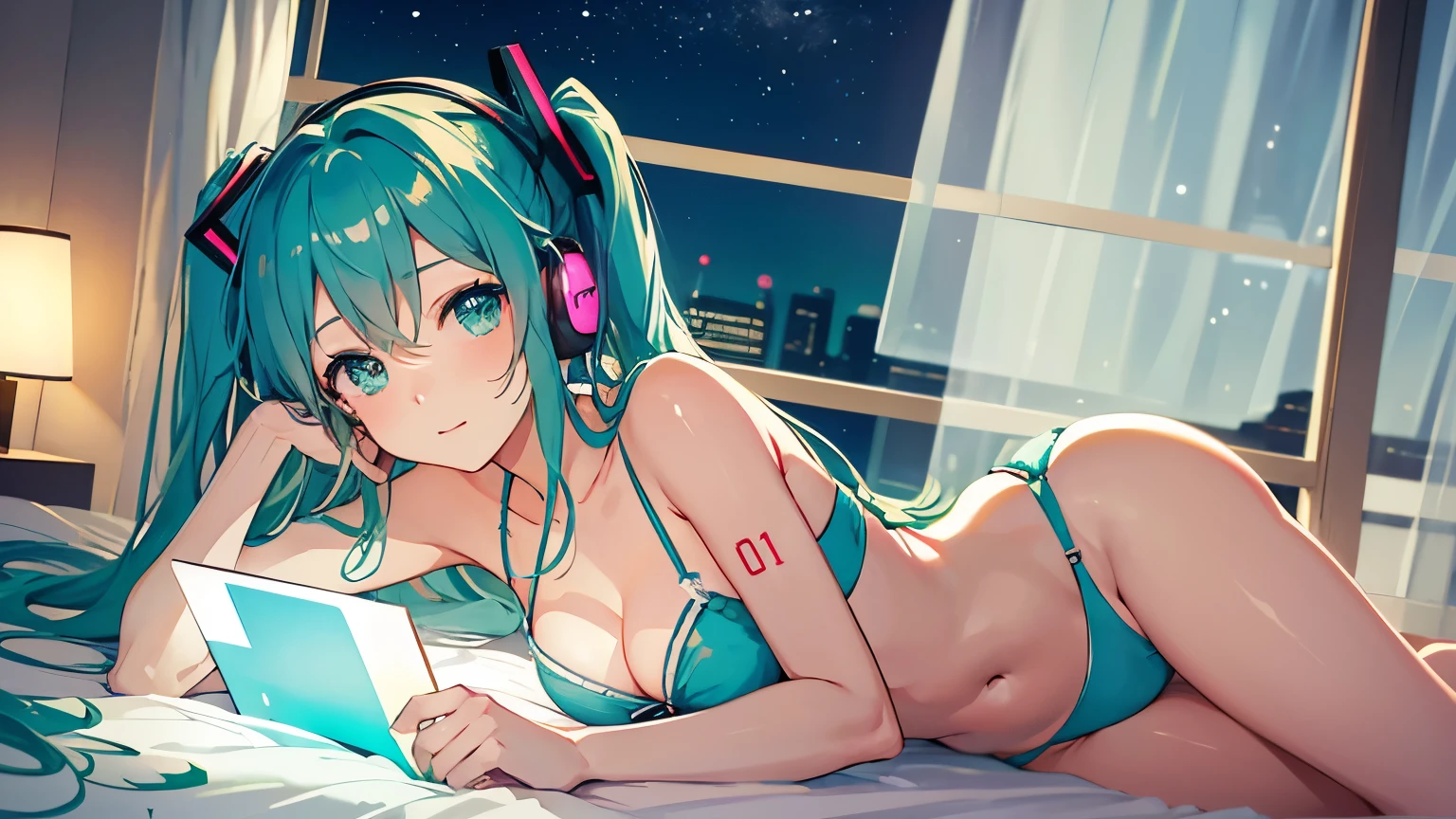 In bed with headphones、Studying on a laptop、Hatsune Miku in a bikini、Beautiful night view outside the window