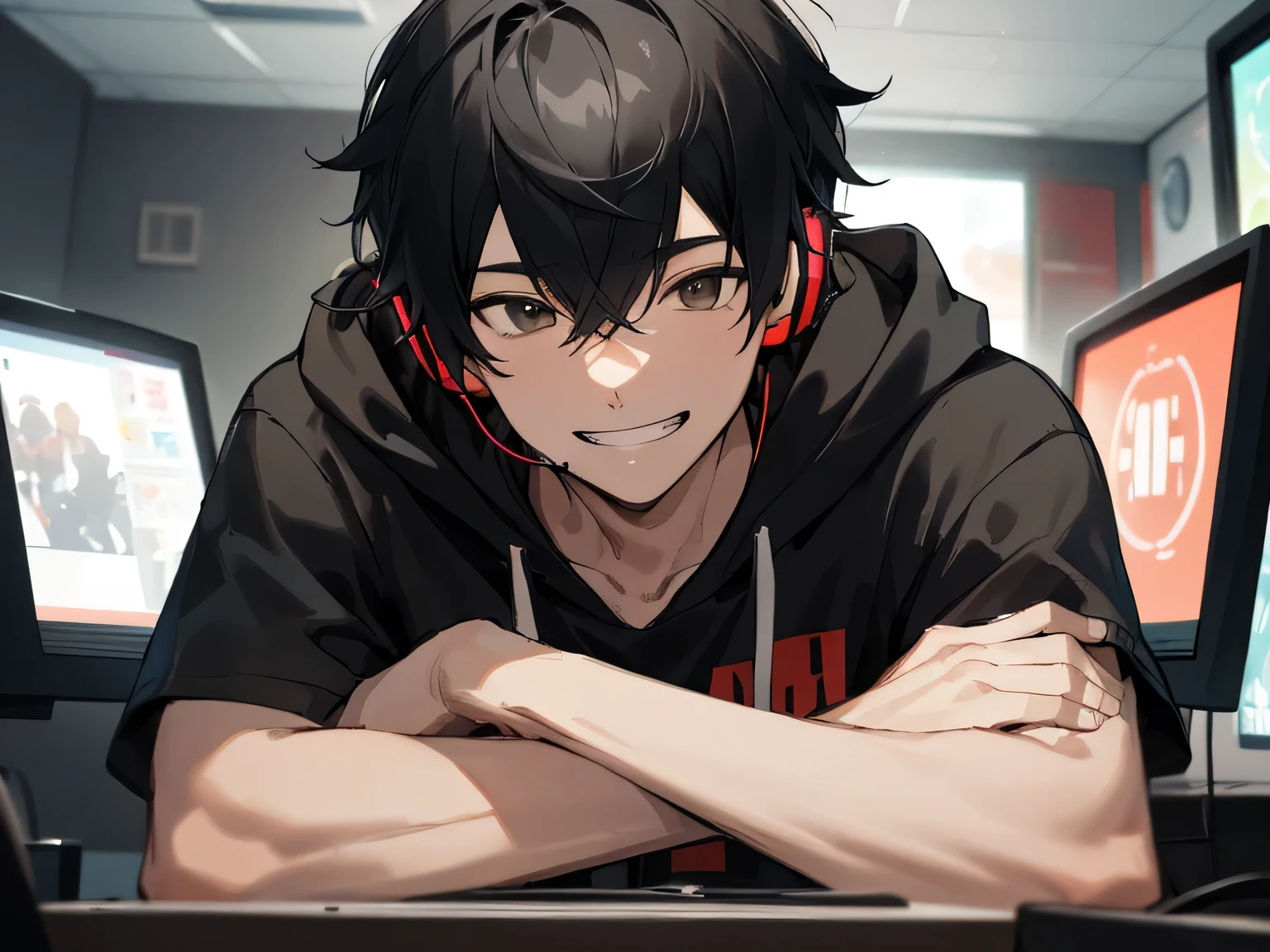 highest quality: 1.0), masterpiece, Age 25,male,Upper Body, Face close-up,one person,Grin, Mashed black hair、hoodie,Headphones on neck,,sit in front of the computer and play games, E-sports room background,Gamer's Room,