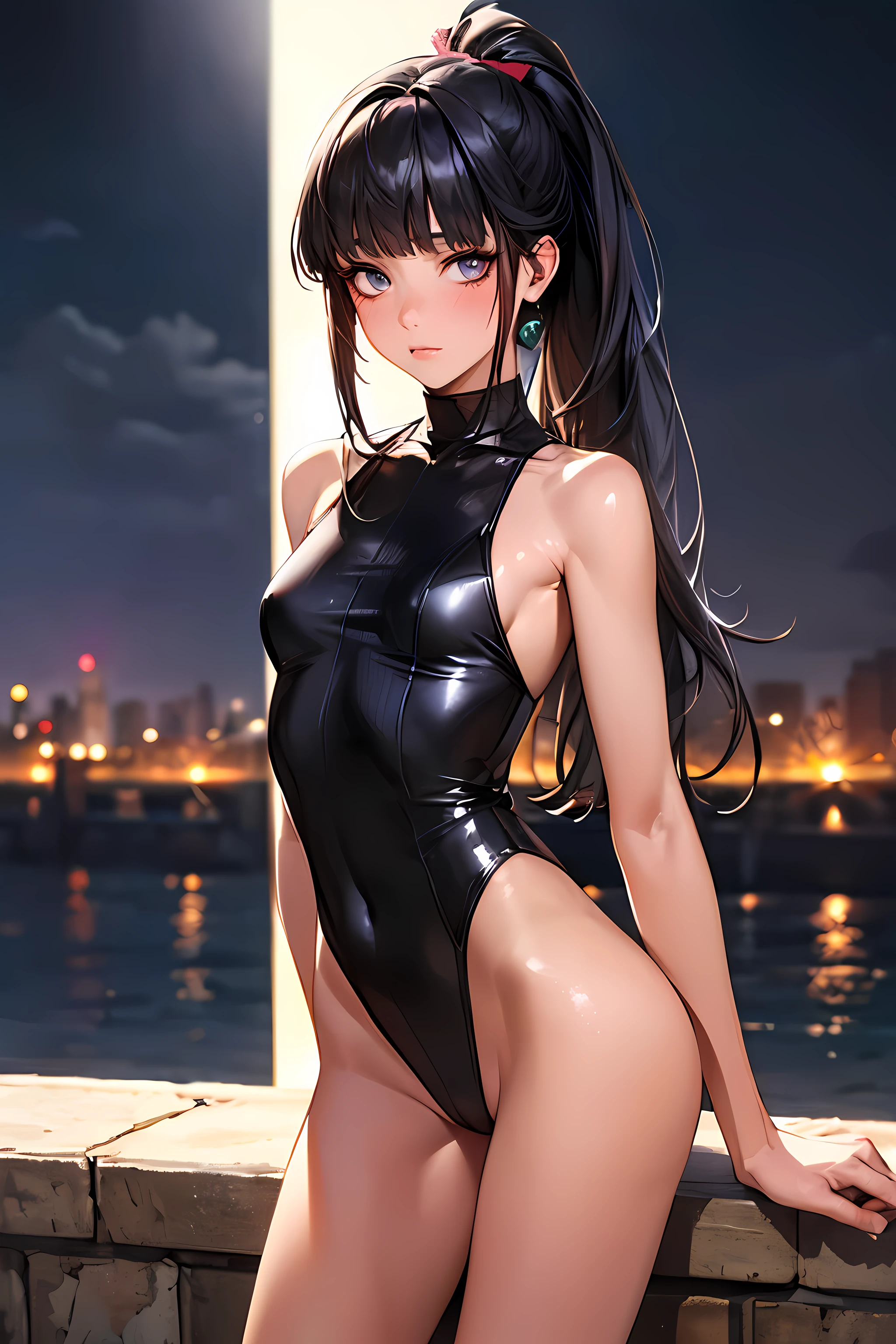 ((perfect anatomy:1.2,realistic:1.4,RAW Photography:1.4,masterpiece、highest quality、Ultra - High resolution、High resolution、Highly detailed CG、8K)))cowboy shot,1 female,solo、18 year old beauty,Japanese,((beautiful detailed face and eyes:1.3,gorgeous eyes:1.3,gray eyes)),black hair,long hair,straight hair,ponytail hair,blunt bangs,blush,(medium breasts,slender body,small head:1.2,skinny),(gleaming skin:1.4,oily skin:1.5,shiny skin)、(Black leotard、turtleneck、Sleeveless,barefoot:1.3、Black sneakers)、at night、High-rise buildings、rooftop、moonlight、