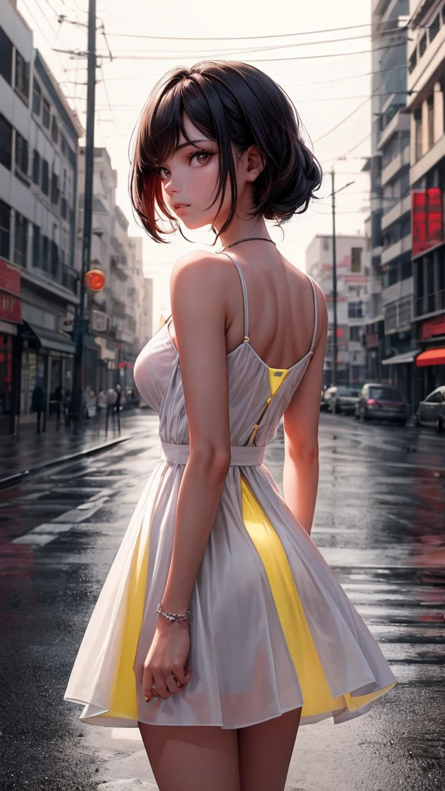 perfect accurate white teeth, very young girl, alisa, loose minidress, sexy dress, see-through transparent dress, perfect small breasts, (short brown hair:1.4), disheveled hair, (perfect light brown eyes:1.4), big brightness eyes, 16k, masterpiece, realistic style, outdoors, perfect fingers