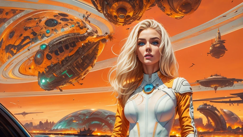 arafed image of a white woman in a futuristic suit with a spaceship in the background, movie art, in front of an orange background, inspired by Robert McGinnis, female protagonist, megastructure in the background, portrait of an ai astronaut, astronauts, an astronaut, portrait of a astronaut skeletor, perfect android girl, detailed eyes, perfectly detailed teeth, frank franzzeta and sakimichan