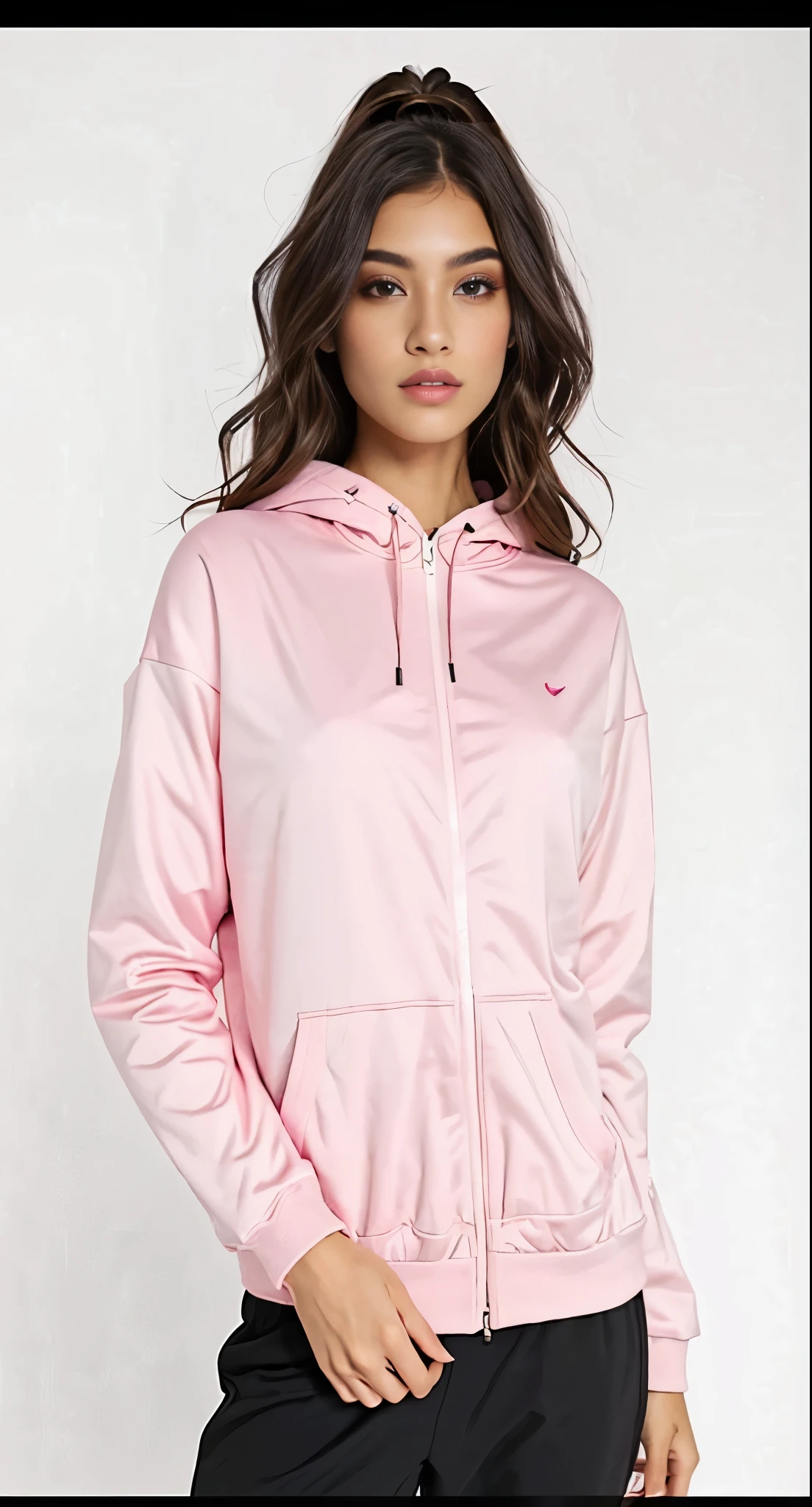 a woman in a pink jaqueta and black pants, wearing a rosa pastel hoodie, vestindo um moletom rosa, roupas esportivas, roupas rosa, sports jaqueta, roupas esportivas, jaqueta, vestindo um agasalho, 3/4 vista frontal, rosa pastel, rosa desbotado, pastel rosa, (cores rosa), vestindo um agasalho, model wears a puffer jaqueta, Luz rosa