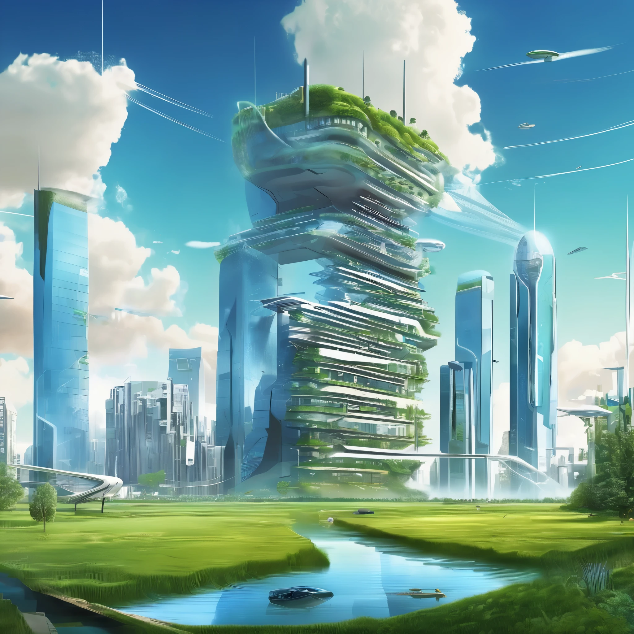 City of the future has a large grassland,river,blue sky,Hidden high-tech building