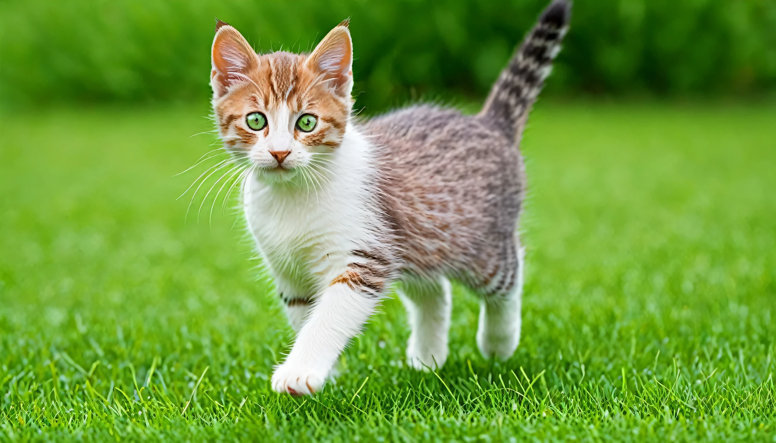 a kitten running on grass, a small domestic cat, enjoying the outdoors, no_humans, animal_focus, cat, animal, blurry_background, depth_of_field, looking_at_viewer, realistic, solo, full_body, green_eyes, running