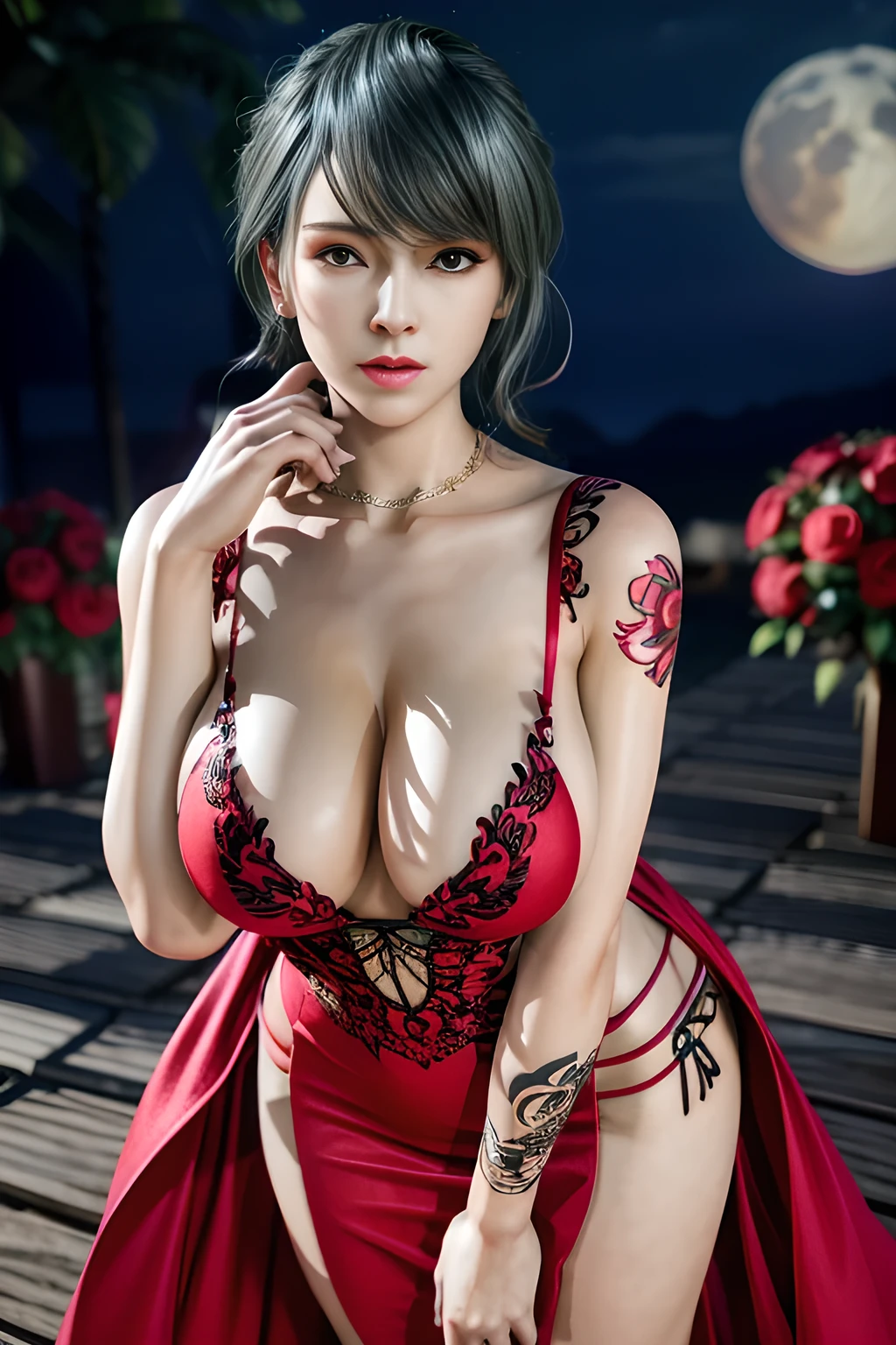 1 girl,lean over WINK, (dark red Wedding Dress,see-through), nighttime,moon,( huge breasts:1.1),cleavage,shiny skin,lip gloss,tattoos, masterpiece, best quality, realistic ,Surrealism,Rich artistic colors,natural colors art in 8k,3D,Portrait art,solo, tamaki