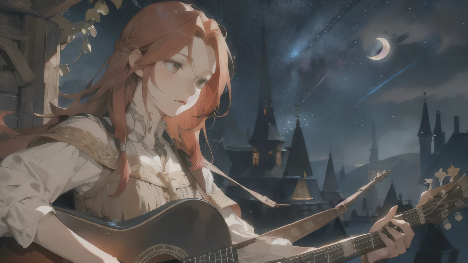 Layered textures,middle ages,Fantasy,Female Bard,Redhead,Long Hair,Playing Acoustic Guitar,night,Starry Sky