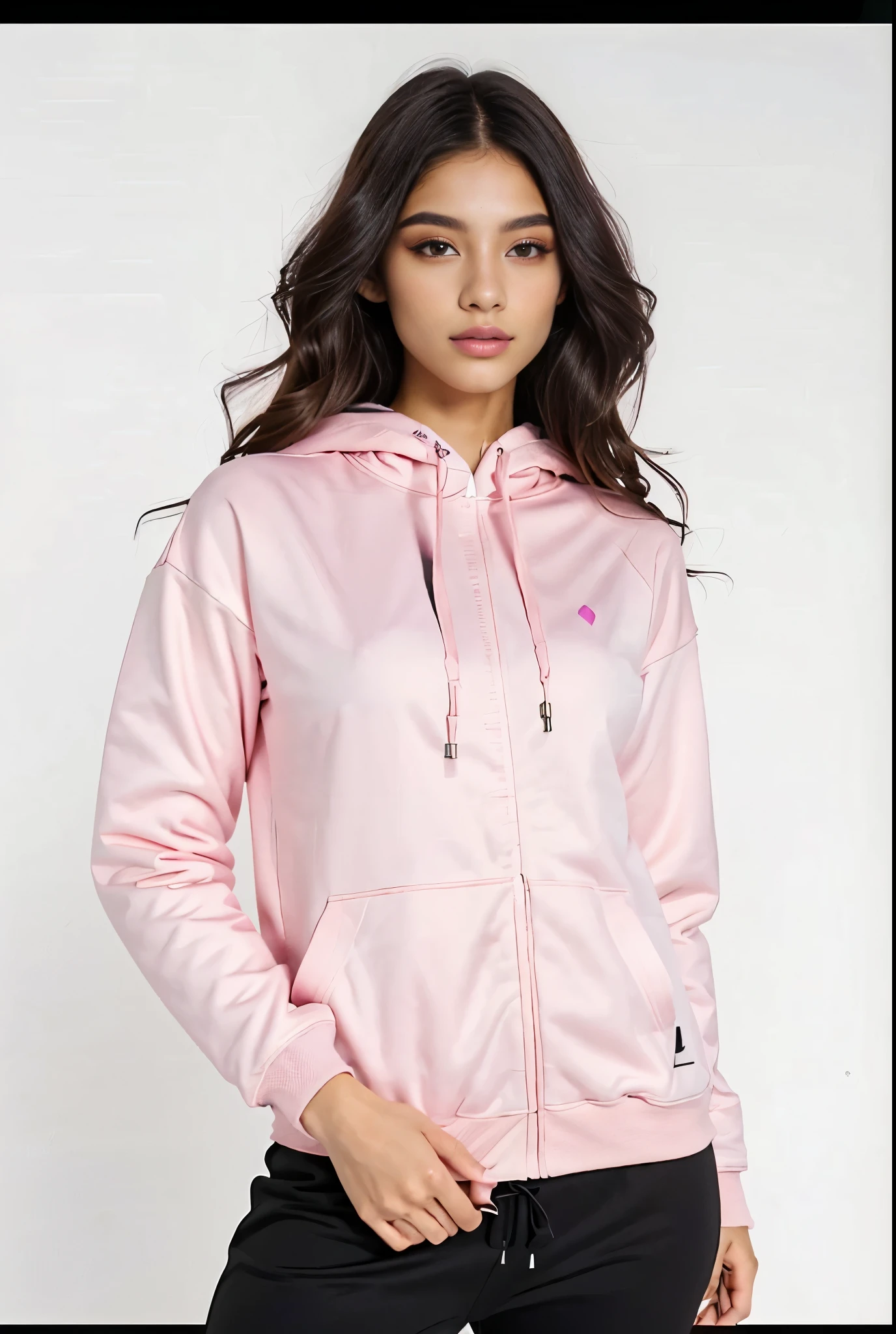 a woman in a pink jaqueta and black pants, wearing a rosa pastel hoodie, vestindo um moletom rosa, roupas esportivas, roupas rosa, sports jaqueta, roupas esportivas, jaqueta, vestindo um agasalho, 3/4 vista frontal, rosa pastel, rosa desbotado, pastel rosa, (cores rosa), vestindo um agasalho, model wears a puffer jaqueta, Luz rosa