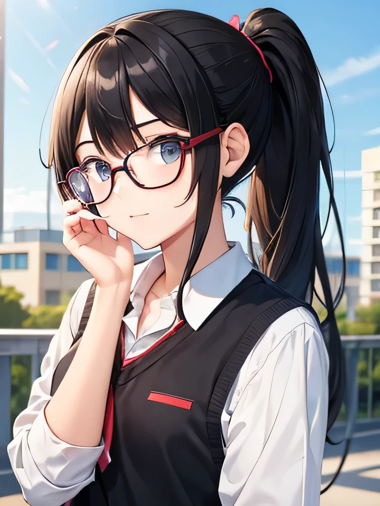 high school student，Black Hair，ponytail，She is holding up her glasses with her left hand，It&#39;s too bright so I close my left eye，Sandy Beach，Shorts，Roll up your shirt sleeves