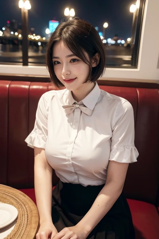 (8k, RAW photo, best quality, masterpiece:1.2), (realistic, photo-realistic:1.37), ultra-detailed, 1 girl,cute, solo,beautiful detailed sky,detailed cafe,night,sitting,dating,(nose blush),(smile:1.1),(closed mouth), medium breasts,beautiful detailed eyes,(collared shirt:1.1), bowtie,pleated skirt,(short hair:1.2),floating hair, big boob