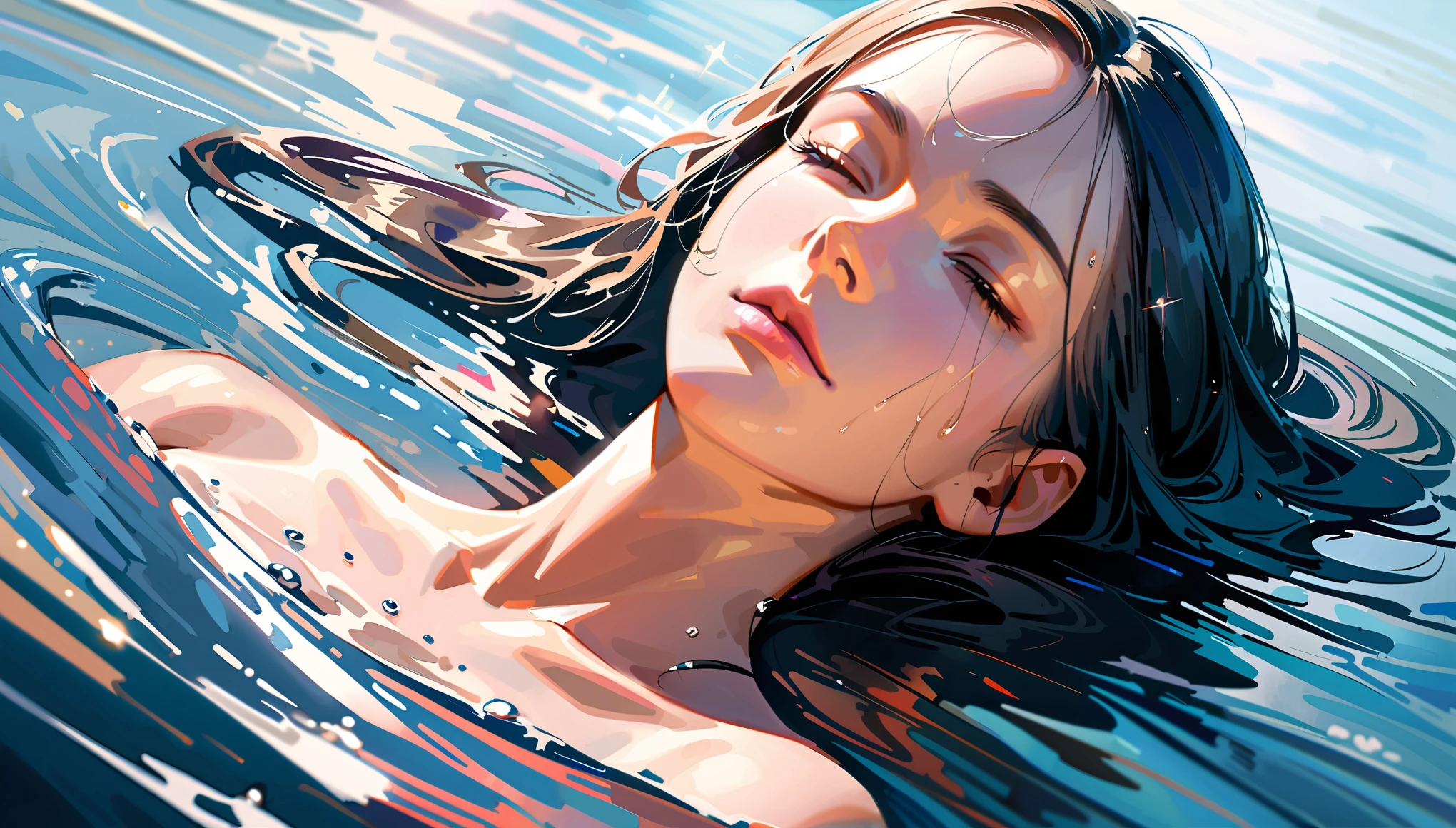 (realistic,photorealistic),(best quality,4k,8k,highres,masterpiece:1.2),portrait of a woman lying on her back on the water and floating on the surface of the water, lies on the surface of the water, head tilted back, wet hair floating on the surface of the water, eyes closed,peace and tranquility,medium:oil painting,soft and gentle brushstrokes,calming blue tones,subtle reflections,dreamlike atmosphere,detailed facial features,long wavy hair flowing,serene expression,gentle ripples on the water,light rays shining through,subtle shimmer and sparkle,slight distortion in the water,harmonious composition