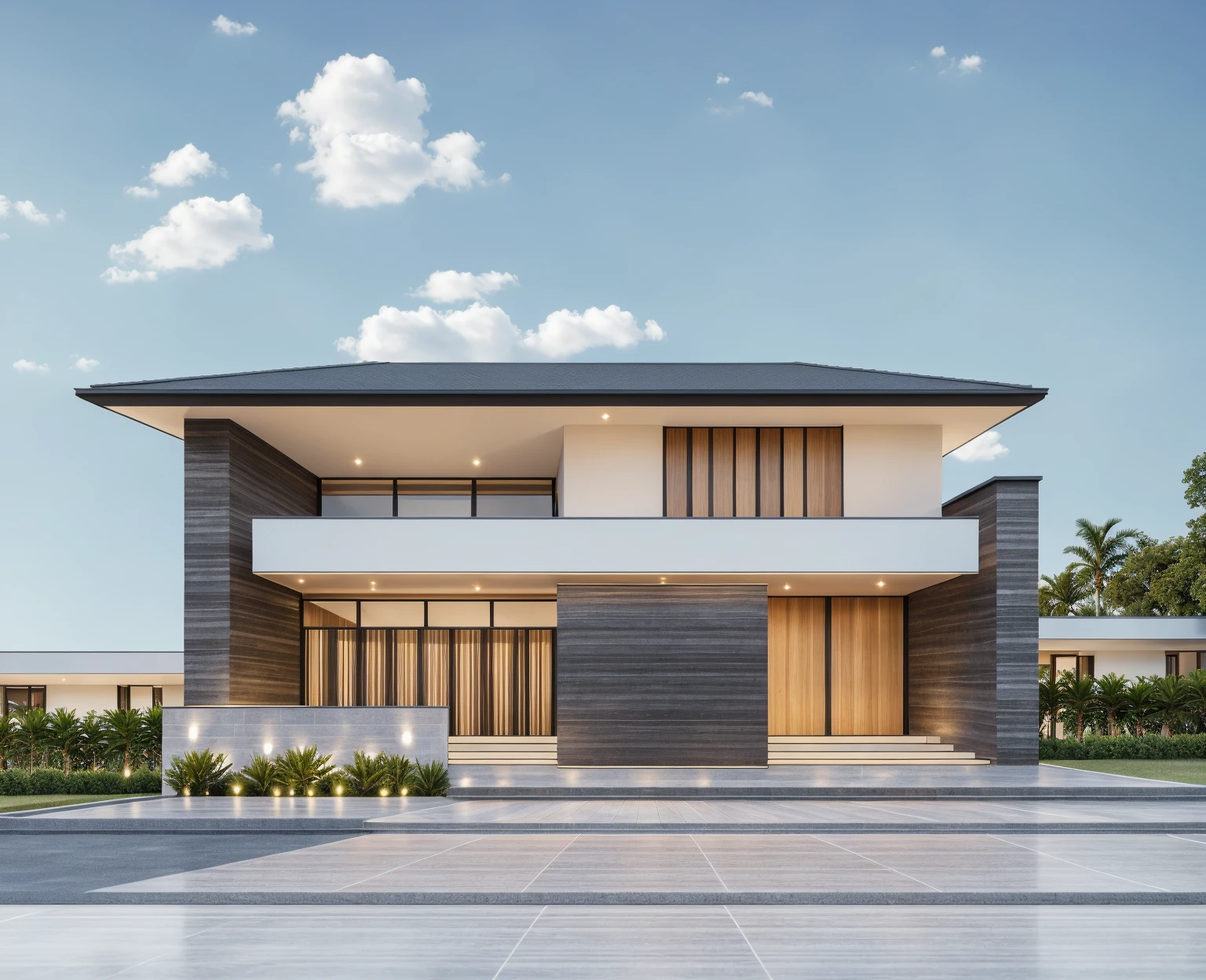 PLATFORM KTHOUSE, 1 morden villa, main material of villa about white wall and wooden cladding, main material by white wall and stone:1.2, 1large yard, 1 road runs in front of the house,  (RAW photo, real, best quality, masterpiece:1.2), look morden minimalist, 1 road in front of the house, dynamic lighting:1.3, (hyper realistic, photo-realistic:1.2), high quality, (dark lighting:1.2), perfect lighting, archdaily, no human