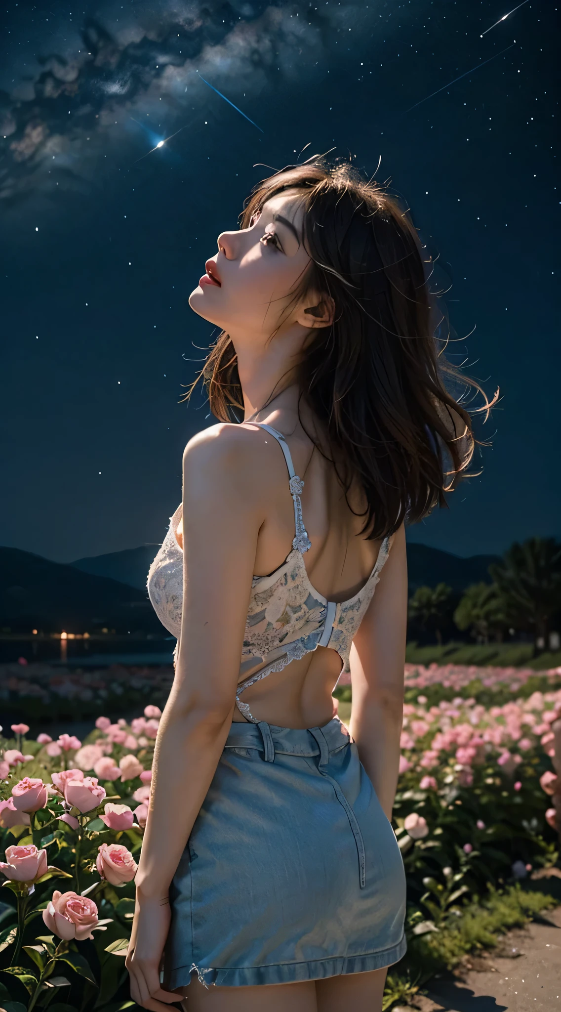 summer,the night,starrysky,A girl stands among the vast flowers,Look up at the stars,Back Shadow,realisticlying,super detailing,movie picture quality,Super textured