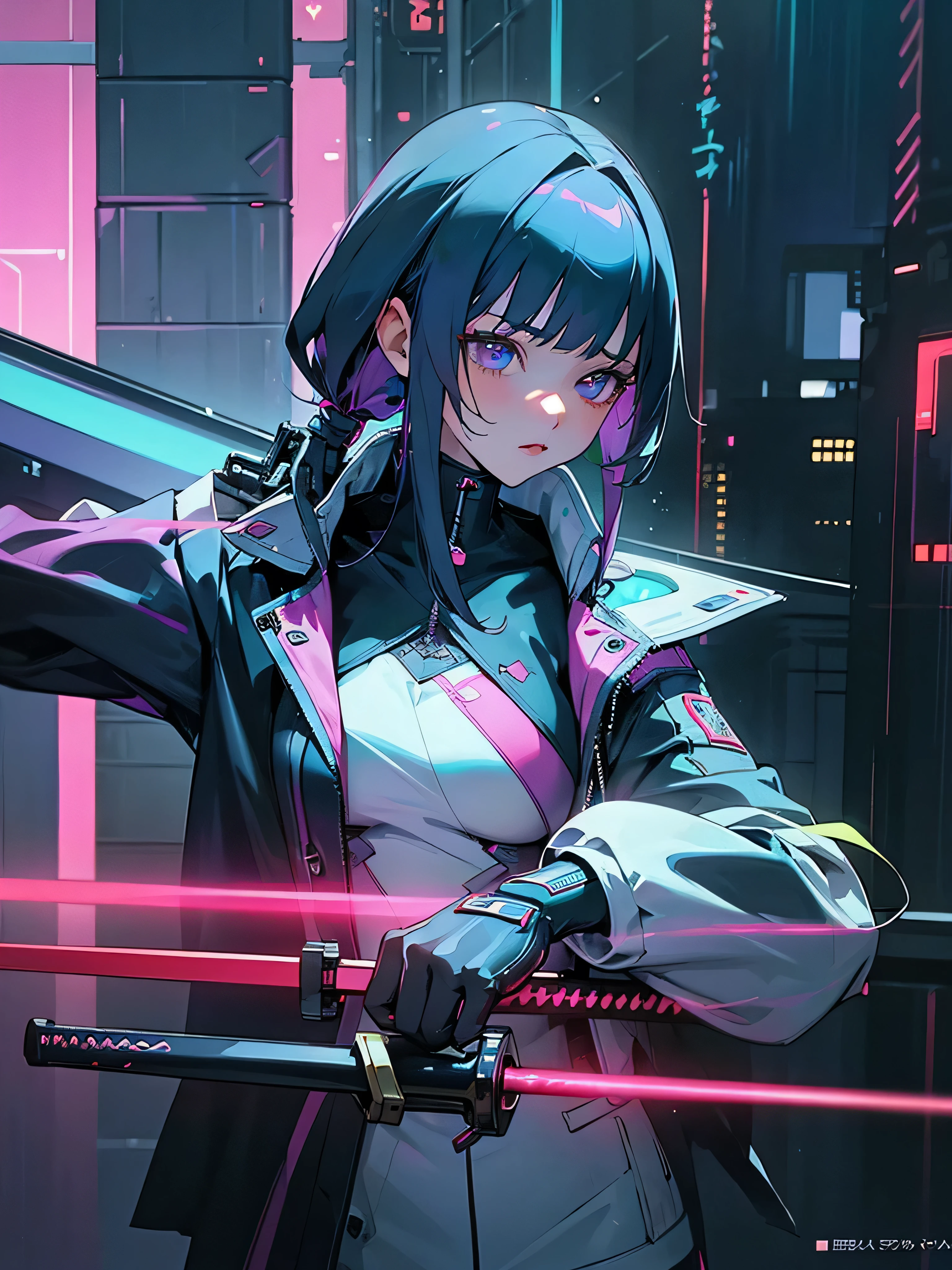 wallpaper,cyberpunk,cybercity,house,raining,((hd quality)),Night,beauriful girl,orgasm,medium breast,cyberpunk jacket,ultra detailded,official art,(sword cyberpunk in hand),cute,(((reality anime))),