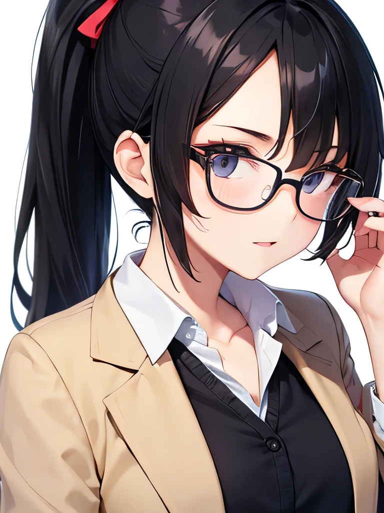 high school student，Black Hair，ponytail，She is holding up her glasses with her left hand，It&#39;s too bright so I close my left eye，Sandy Beach，Shorts，Roll up your shirt sleeves
