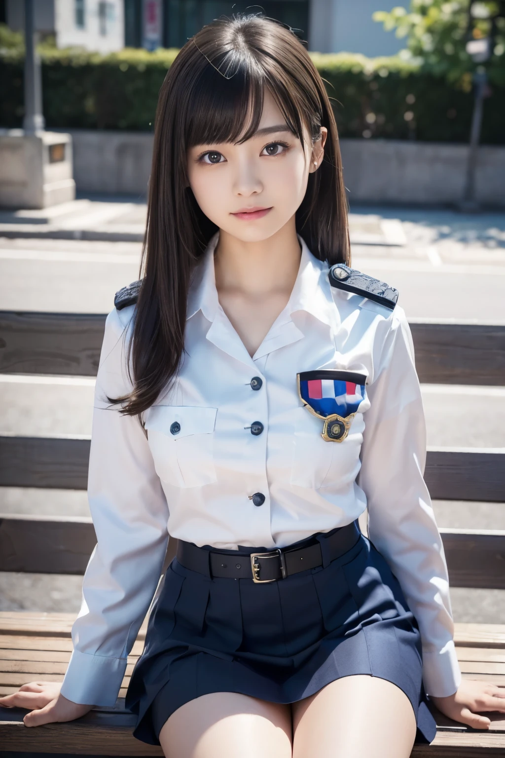 An innocent 20-year-old girl、((Japanese Police Officer, Sexy police uniform, skirt, Cute and elegant, Dramatic Pose)),smile,Night city background,shortcut、RAW Photos, (8k、highest quality、masterpiece:1.2)、(Intricate details:1.4)、(Photorealistic:1.4)、Octane Rendering、Complex 3D rendering with ultra-detail, Studio Soft Light, Rim Light, Vivid details, Super Detail, Realistic skin texture, Detailed aspect, Beautiful details in the eyes, Highly detailed CG Unity 16k wallpaper, compensate, (Detailed Background:1.2), Glowing Skin, whole body,Put your hands down、Spread your legs and show me your panties,Sit on a bench