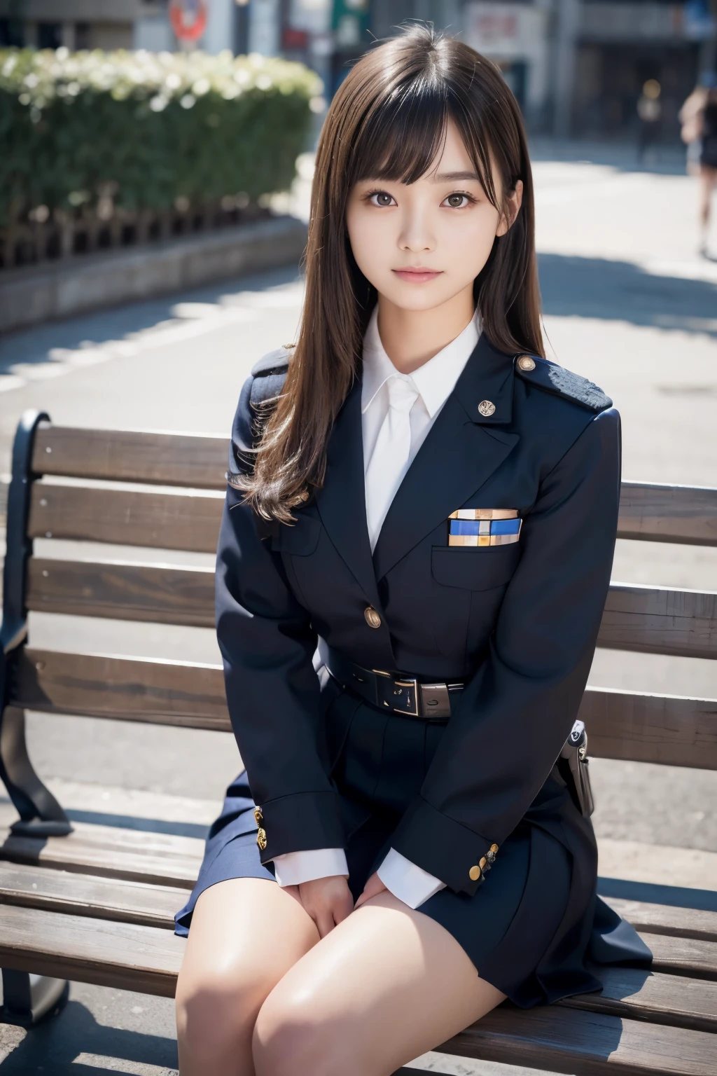 An innocent -yeld gi((Japanese police officer, Sexy police uniform, skirt, Cute and elegant, Dramatic Pose)),smile,Night city background,Shortcuts、RAW Photos, (8k、highest quality、masterpiece:1.2)、(Intricate details:1.4)、(Realistic:1.4)、Octane Rendering、Complex 3D rendering with ultra-detail, Studio Soft Light, Rim Light, Crisp details, Super Detail, Realistic skin texture, detailed aspects, Beautiful details in the eyes, Highly detailed CG Unity 16k wallpaper, Compensate, (Detailed Background:1.2), Glowing Skin, whole body,Hands down、Spread your legs and show me your panties,Sit on a bench、Embarrassed、smile、Thighs、Black Pantyhose