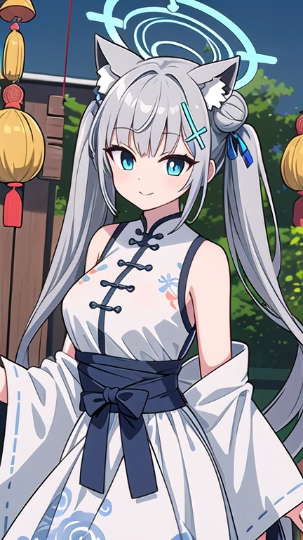 shiroko_bluearchive,beast ears,one girl with long twintail bun hair, skirtlift,looking at viewer, little smile,pure white chinese dress, flower pattern, sleeveless, outdoor, festival, temple, slim, dizzy, big-chest, wide hips, perfect waist, day atmosphere, hair ornament, standing, upper body,