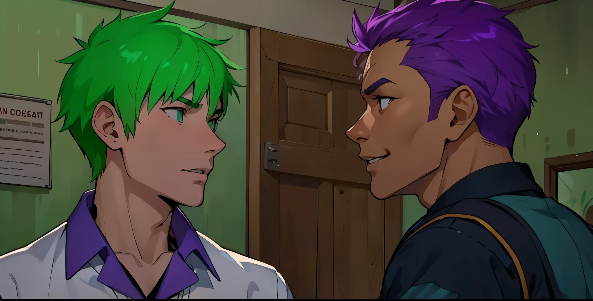 There is a nervous 15-year-old schoolboy and a 40-year-old man intimidating him while smiling.