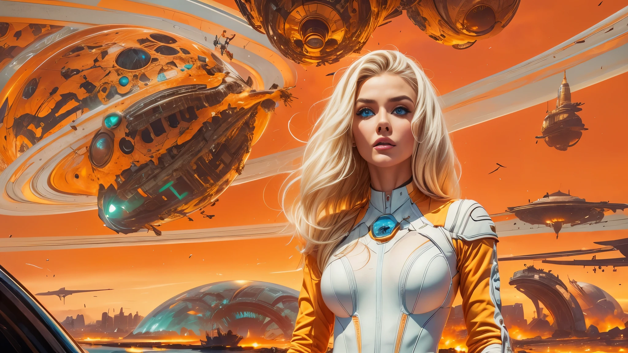 arafed image of a white woman in a futuristic suit with a spaceship in the background, movie art, in front of an orange background, inspired by Robert McGinnis, female protagonist, megastructure in the background, portrait of an ai astronaut, astronauts, an astronaut, portrait of a astronaut skeletor, perfect android girl, detailed eyes, perfectly detailed teeth, frank franzzeta and sakimichan  