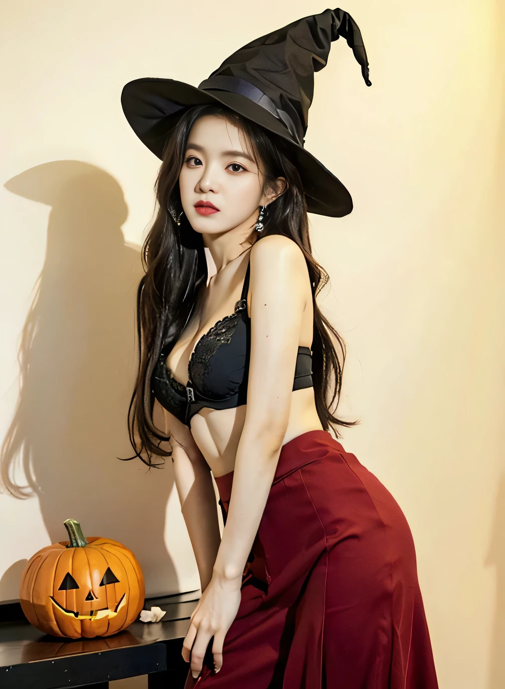 1 woman, solo, Irene Red Velvet, professional, long hair, dynamic hairstyle, earrings, holding pumpkin, glamorous, white background, witch hat, witch makeup, dreamy, shirtless, (black bra:1.1), (long skirt:1.1), front facing, studio shot, heels, long leg, extra details looking at viewer ,model pose, professional lighting