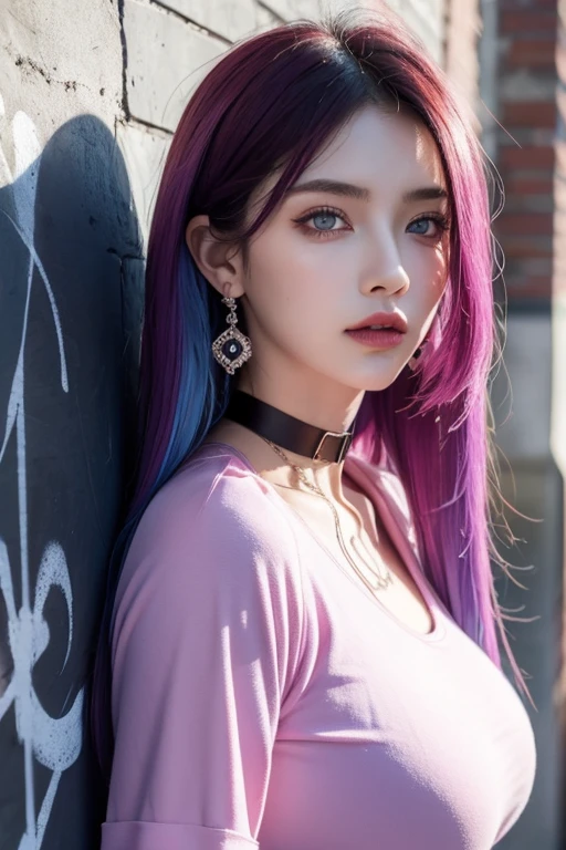 (masterpiece, best quality, 1girl, solo, intricate details, chromatic aberration), realistic, ((medium breath)),long hair, blue hair, red head ornament, pink highlights, hair over one eye,purple eyes, earrings, sharp eyes, choker, neon shirt, open jacket, crop top, (symmetry eyes),(perfect symmetrical body),against wall, brick wall, graffiti, dim lighting, alley ,look at viewer, big boob