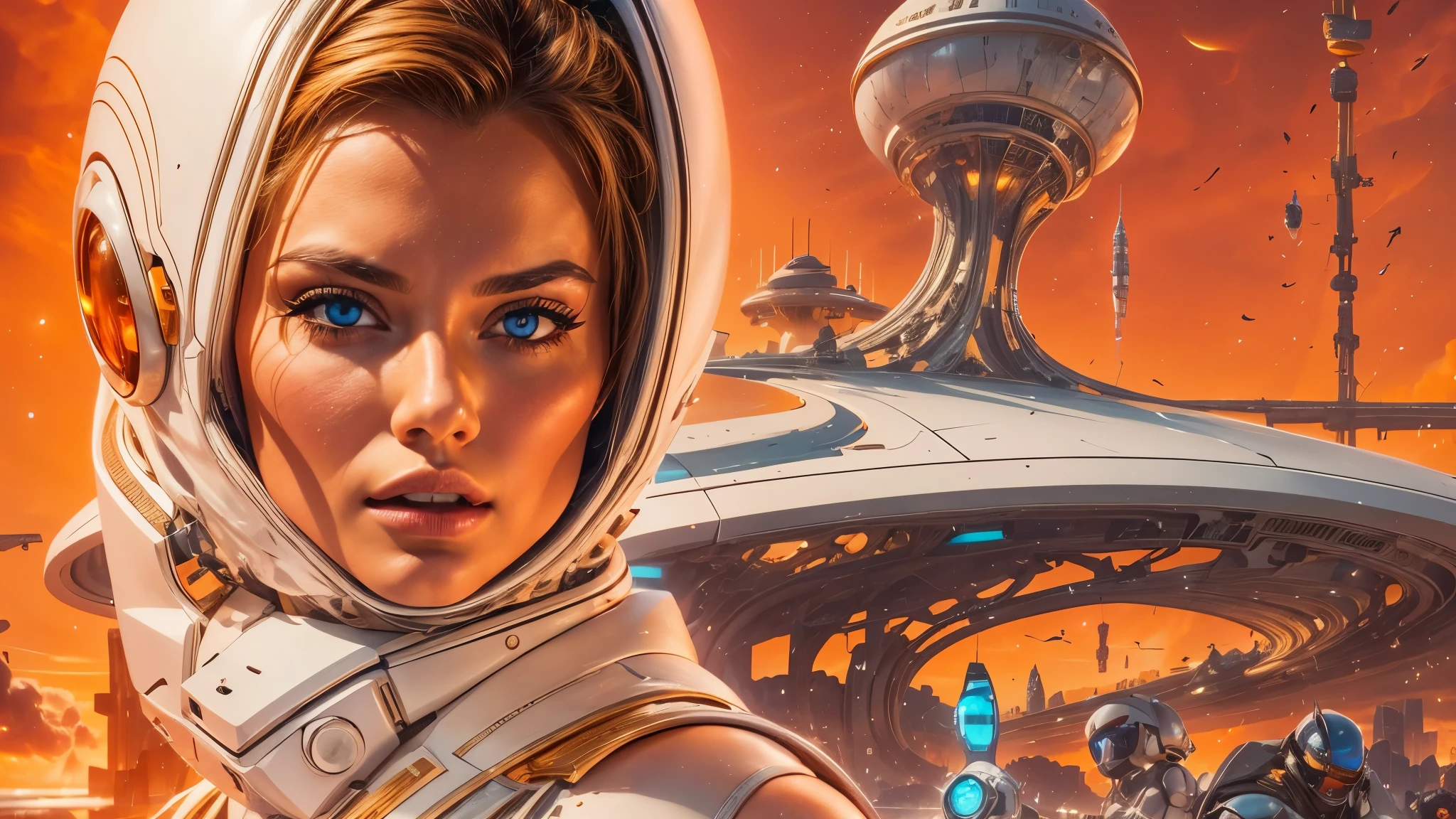 arafed image of a white woman in a futuristic suit with a spaceship in the background, movie art, in front of an orange background, inspired by Robert McGinnis, female protagonist, megastructure in the background, portrait of an ai astronaut, astronauts, an astronaut, portrait of a astronaut skeletor, perfect android girl, detailed eyes, perfectly detailed teeth, frank franzzeta and sakimichan
