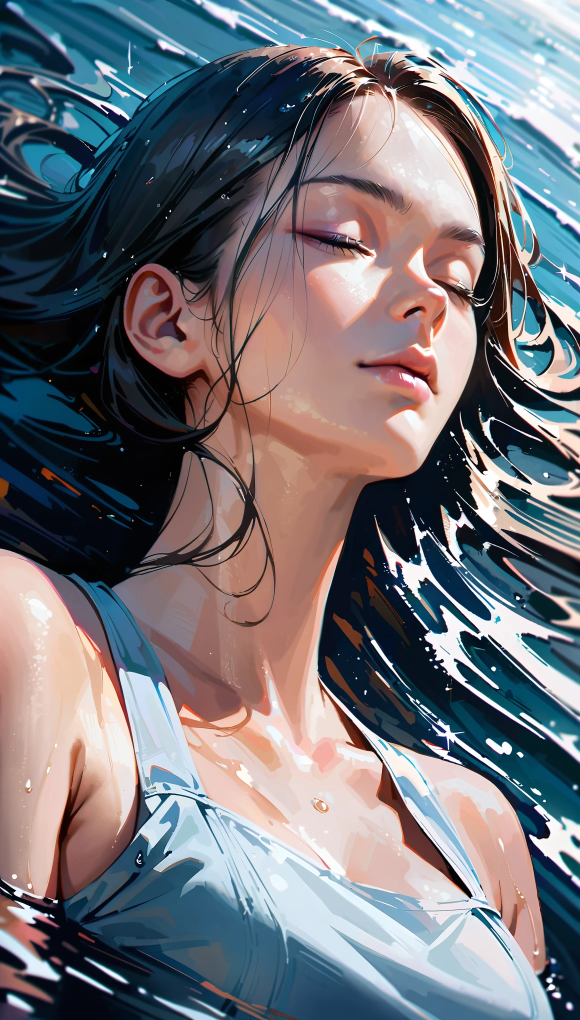 (realistic,photorealistic),(best quality,4k,8k,highres,masterpiece:1.2),portrait of a woman lying on her back on the water and floating on the surface of the water, lies on the surface of the water, head tilted back, wet hair floating on the surface of the water, eyes closed,peace and tranquility,medium:oil painting,soft and gentle brushstrokes,calming blue tones,subtle reflections,dreamlike atmosphere,detailed facial features,long wavy hair flowing,serene expression,gentle ripples on the water,light rays shining through,subtle shimmer and sparkle,slight distortion in the water,harmonious composition
