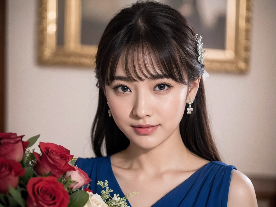 Medium Size Display, Medium Shot, Written boundary depth, bust, Upper Body, movie angle, masterpiece, highest quality, Very detailed, CG, 8k wallpaper, Beautiful Face, Delicate eyes, Otome, alone, smile, bangs, have,Royal Blue Dress, bow, petal, bouquet of roses