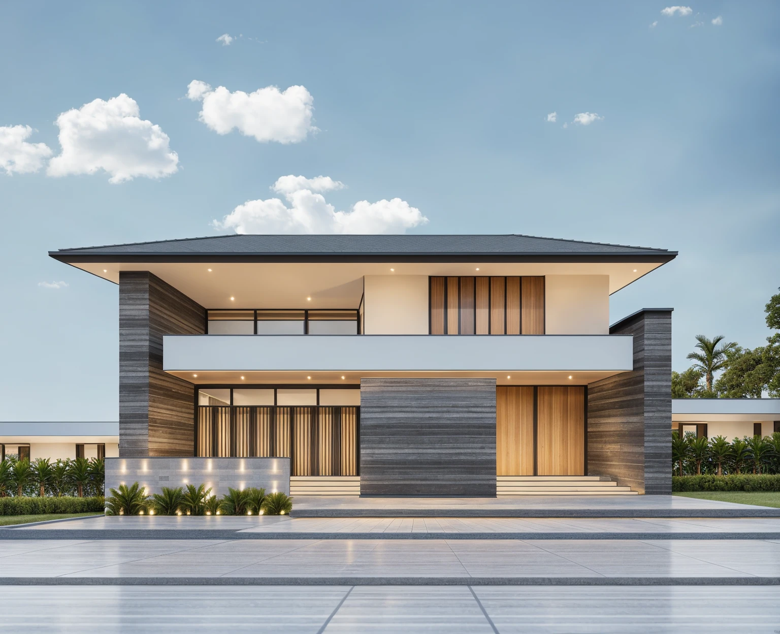 PLATFORM KTHOUSE, 1 morden villa, main material of villa about white wall and wooden cladding, main material by white wall and stone:1.2, 1large yard, 1 road runs in front of the house, (RAW photo, real, best quality, masterpiece:1.2), look morden minimalist, 1 road in front of the house, dynamic lighting:1.3, (hyper realistic, photo-realistic:1.2), high quality, (dark lighting:1.2), perfect lighting, archdaily, no human