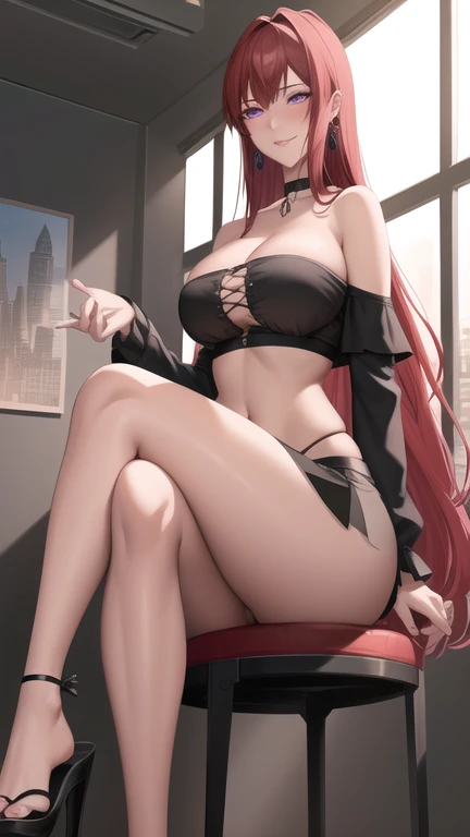 (high quality:1.2), masterpiece, ultra high quality, intricate detailed, digital art, TakashiroHiroko, 1girl, mature female, solo, hand on lips, crossed legs, seductive, tanned skin tone, full body shot, looking at viewer, smile, blush, purple eyes, long hair, red hair, long earrings, jewelry, velvet choker collar, lace off shoulder black crop top, white ruffle micro mini skirt, flip flops, red eyeshadow, curvy, large breasts, cleavage, gothic apartment, window, dark sky, sunlight, city, complex background, sunset, (Best quality, Ultra-detailed, Anime Pictures, Game CG, art cg, Photorealistic, Movie lighting, perfect shadow, realistic lighting shaded, Unity 8k wallpaper), Hiroko Takashiro, Perfect eyes, Perfect face, vulgarity, nose blush, detailed feet, view the viewer,Sexy pose,sit on chair, 