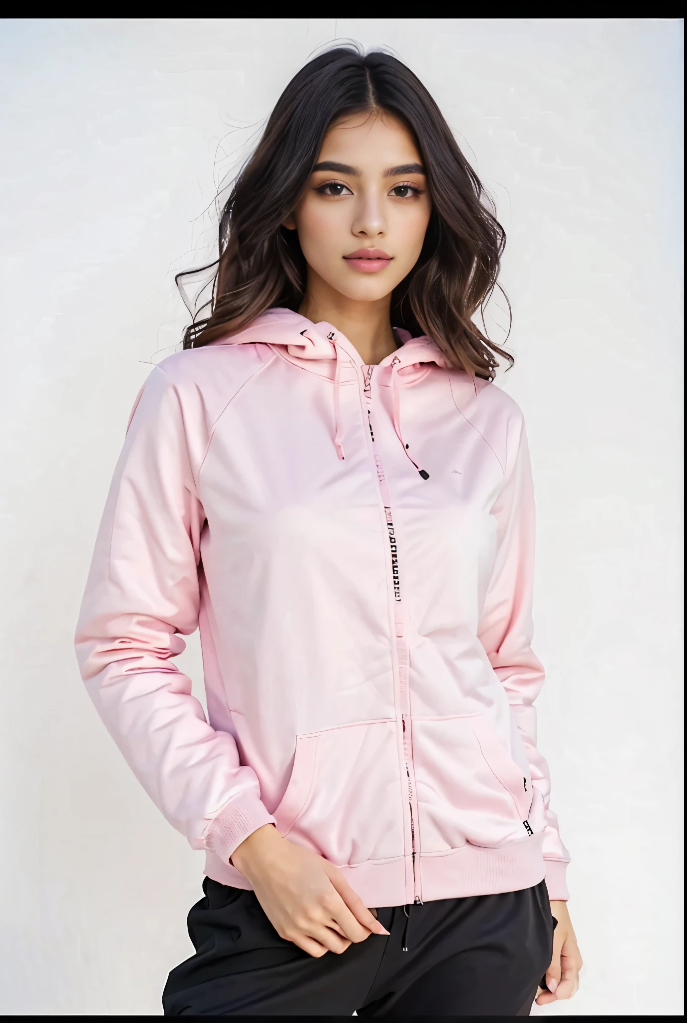 a woman in a pink jaqueta and black pants, wearing a rosa pastel hoodie, vestindo um moletom rosa, roupas esportivas, roupas rosa, sports jaqueta, roupas esportivas, jaqueta, vestindo um agasalho, 3/4 vista frontal, rosa pastel, rosa desbotado, pastel rosa, (cores rosa), vestindo um agasalho, model wears a puffer jaqueta, Luz rosa