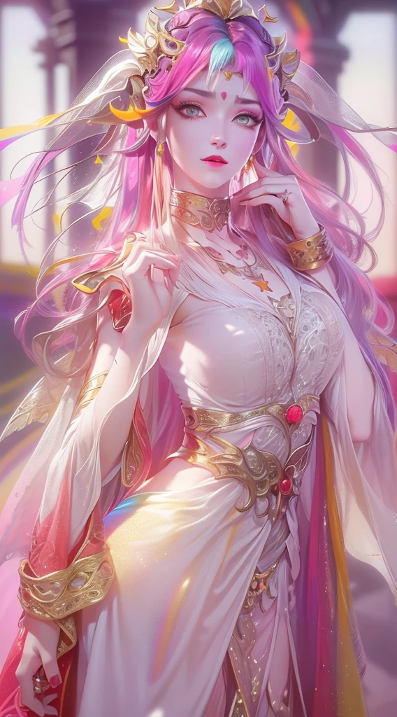 1 20 year old girl, 1 goddess Athena, pink purple silk dress, beautiful goddess Athena face without blemishes, delicate yellow nightgown, long thin sequin nightgown with many sexy black lace details, 1 beautiful thin red silk cloth half veil, female saint legend, female saint icon, beautiful goddess style glitter, dark and mysterious version, small proportioned goddess crown, vermilion lips, plump red lips, not smiling, mouth closed, delicate and beautiful pino detailing, delicate and beautiful lip detail, , (pure and flawless face: 1.9), female saint body, round chest, big and round breasts, phoenix brooch, long flat bangs, (7-color rainbow hair: 1.9), flower stickers tattoo on forehead, beautiful clear face and well-proportioned eyes, (transparent yellow eyes: 1.8), (big round eyes and makeup, sexy wet eye makeup, very beautiful and meticulous hair makeup, long and delicate blonde hair, delicate, body image: 1.8), figure: and vivid, (stars that make up the sky: 1.7), (the sky of heaven and the fictitious gate of time and space: 1.8), fictional art, RAW photos, hanfu photos, best photos, high resolution, best quality, best photos, best goddess quality, 8k female, super 8 single saint portraits, truest color schemes, masterpieces, best beauty brands, best hair jewelry, brand real photo, dark studio, border light, two-tone lighting, (rose white skin: 1.4), (high skin detail: 1.1), 8k uhd, d slr, soft light, 8k, high quality, candid, volume Smooth and sharp, 10x pixel increase, sexy goddess, sexy goddess, (background space: 1.8), (most beautiful aurora eyes: 1.7), beautiful eyes, aurora beautiful and flowery, (beautiful single girl: 1.8), (more details:0.8),