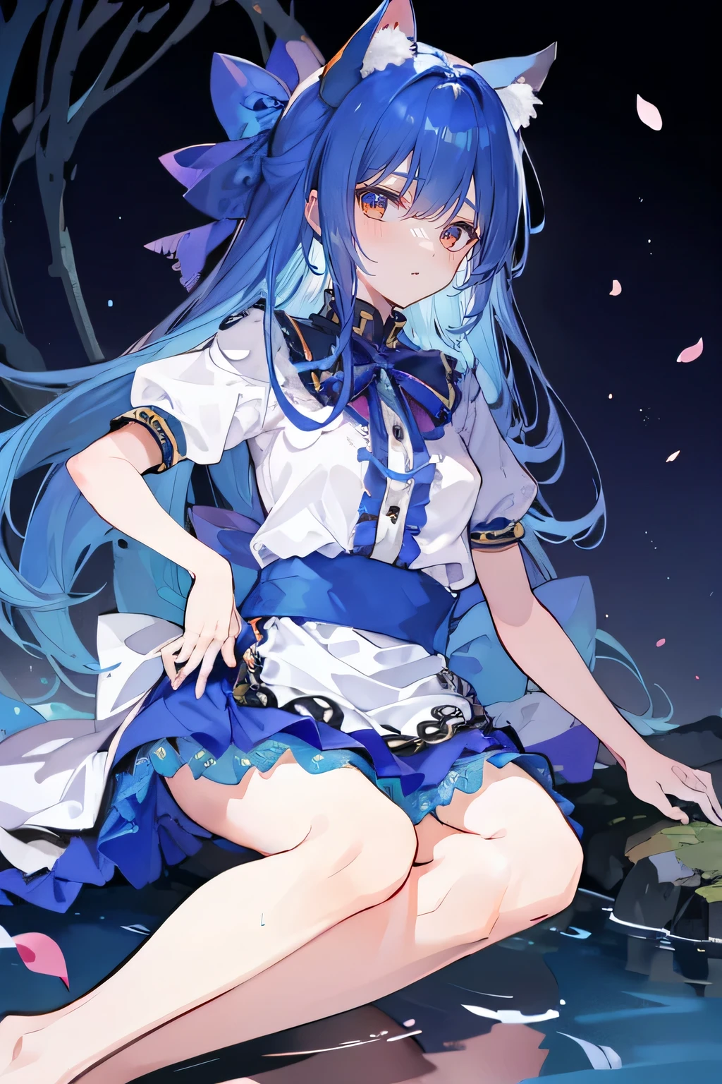 (masterpiece:1.2),ultra-detailed,realistic,expressive eyes,fair-skinned,perfectly shaped face,1girl,
Japanese cartoons,Gorgeous blue hair, flowing blue hair,floating clothes,cat ears,petals falling,beautiful Lola,Hina Angel,
hands on waist,gracefully sitting on the ground,legs crossed,gentle and serene background,cool and comfortable pavilion,shy face ,night .