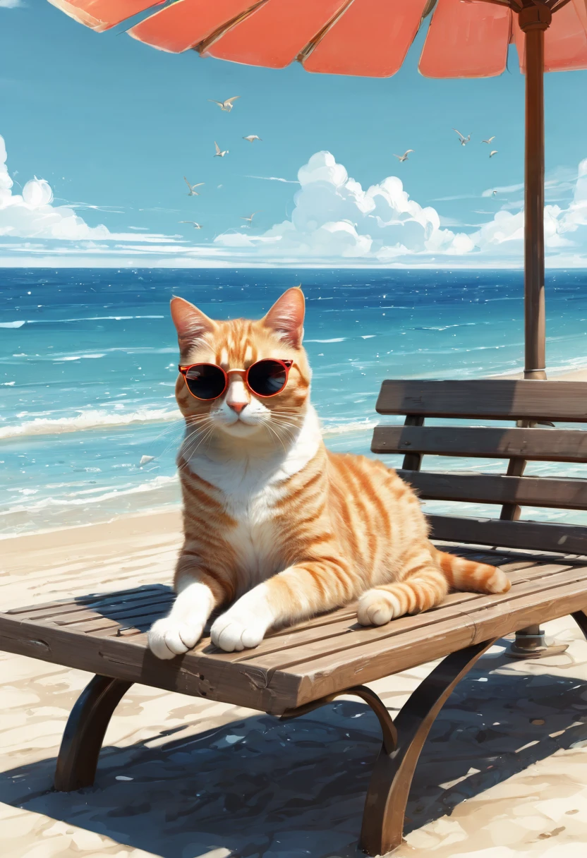 Cat wearing sunglasses seaside beach Lying on a bench under a beach umbrella I'm crossing my legs Anime Style Second Dimension An illustration